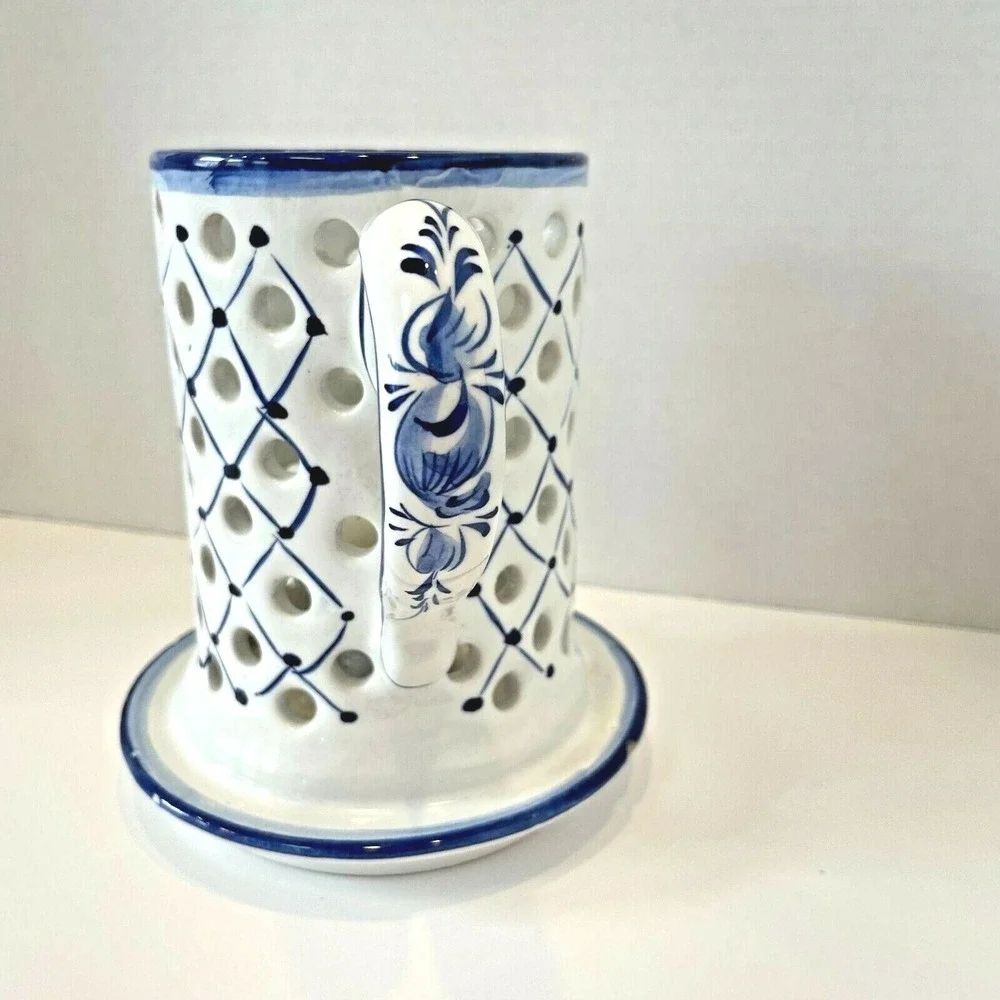 Portugal Hand Made/ Hand Painted Blue White Pierced Lattice Candle Holder